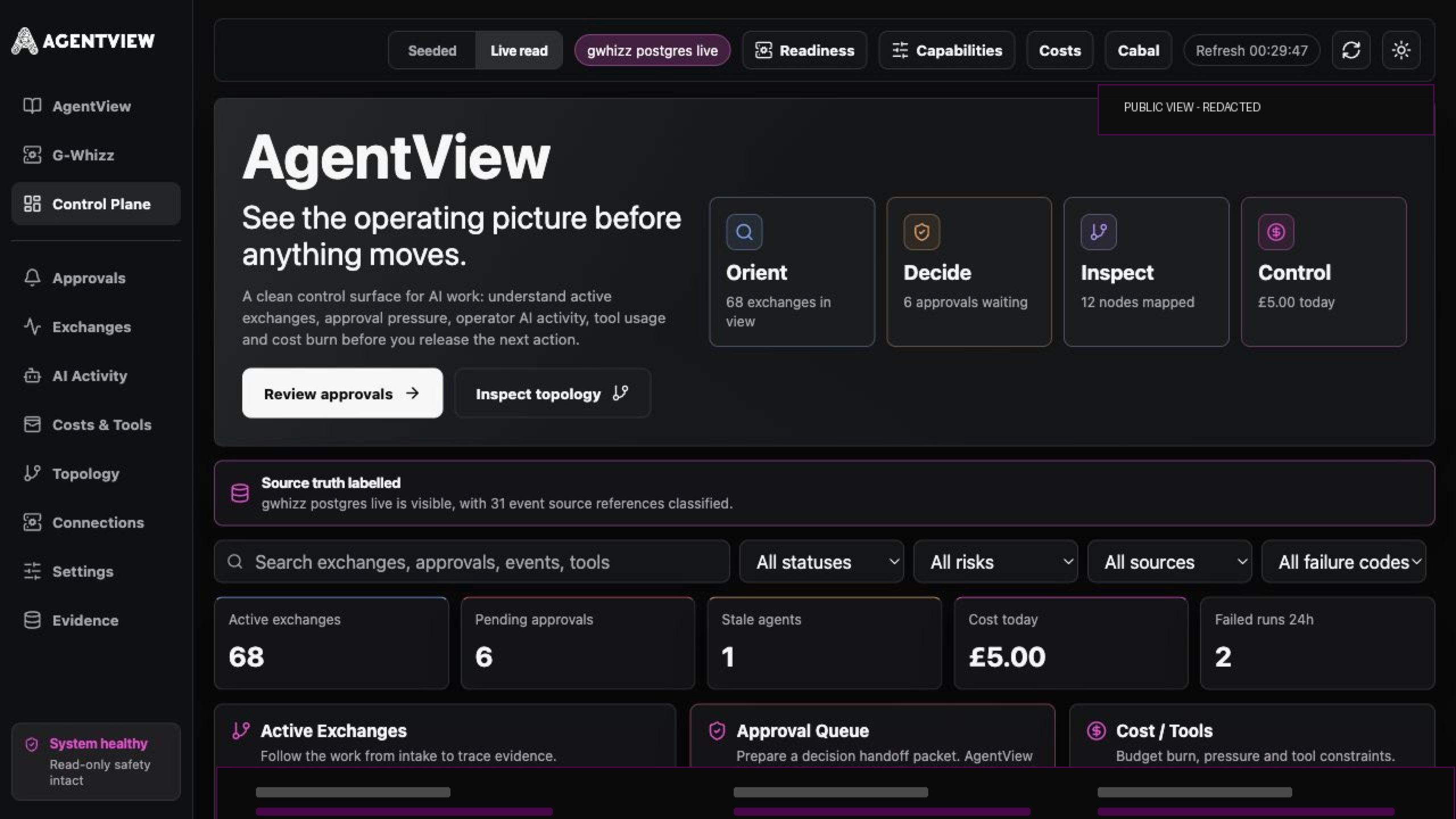 Redacted dark-mode AgentView functioning prototype UI